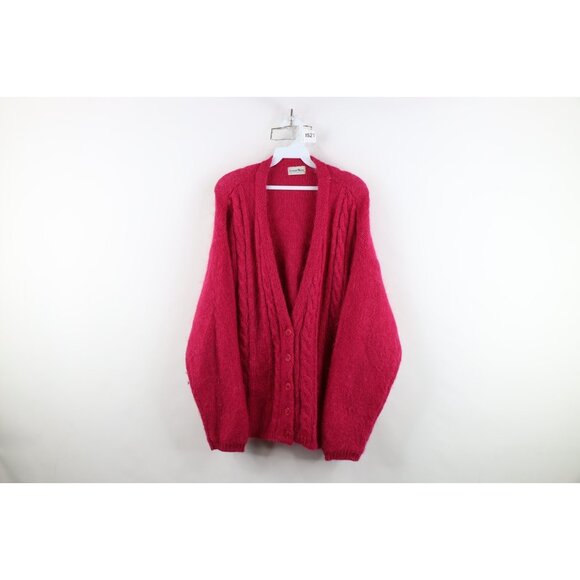 Vtg 90s Streetwear Womens Large Wool Mohair Chunky Cable Knit Cardigan Sweater - Picture 1 of 10
